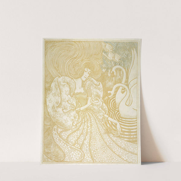 Vrouw met vlinder bij een vijver met twee zwanen by Jan Toorop