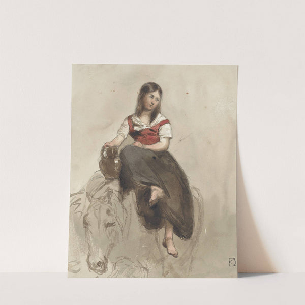 Vrouw op een paard gezeten met kan by Johan Daniël Koelman