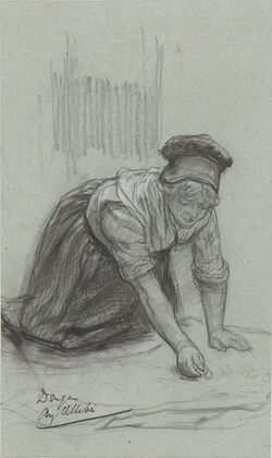 Vrouw op haar knieën, bezig met schoonmaken