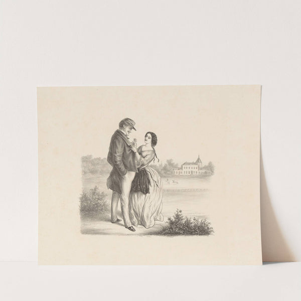 Vrouw prikt bloem op mans jas (1832 - 1897) by Alexander Ver Huell