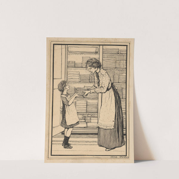 Vrouw reikt een meisje een stapel lakens aan by Nelly Spoor