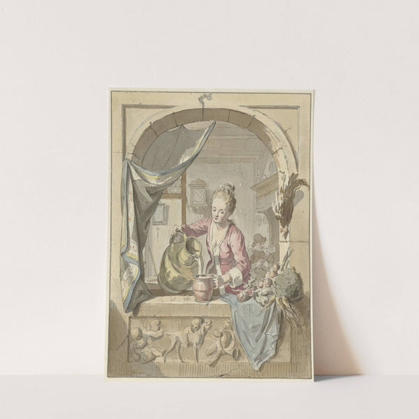 Vrouw schenkt melk uit een kan, in een venster by Willem Joseph Laquy