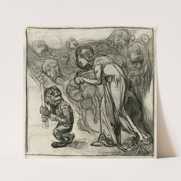 Vrouw volgt lopende gnoom met kaars by Johannes Josephus Aarts