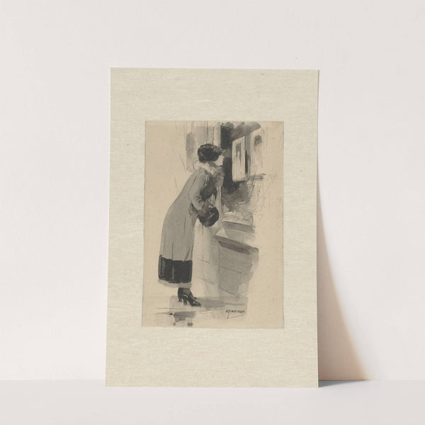 Vrouw voor een etalage met prenten en boeken by Adriaan J. van 't Hoff