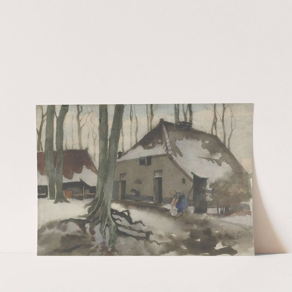Vrouw voor een huis in een besneeuwd bos by Willem Witsen