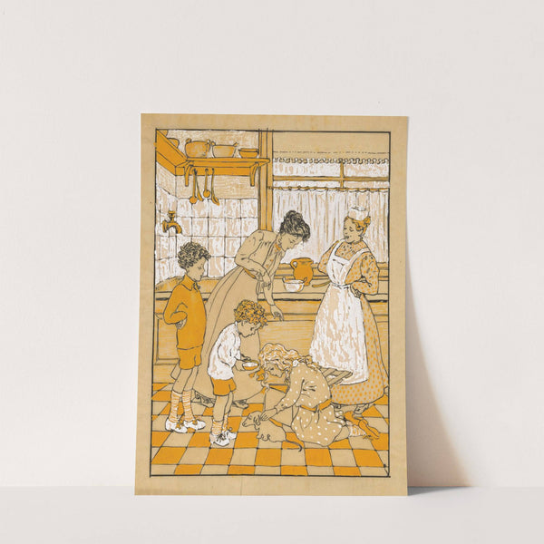 Vrouwen en kinderen met een puppy in een keuken by Nelly Spoor