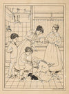 Vrouwen en kinderen met een puppy in een keuken