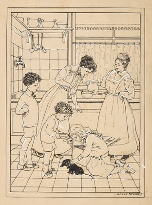 Vrouwen en kinderen met een puppy in een keuken