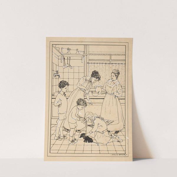 Vrouwen en kinderen met een puppy in een keuken by Nelly Spoor