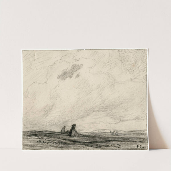Vrouwen nettenboetend onder een hoge wolkenlucht by Frans Smissaert
