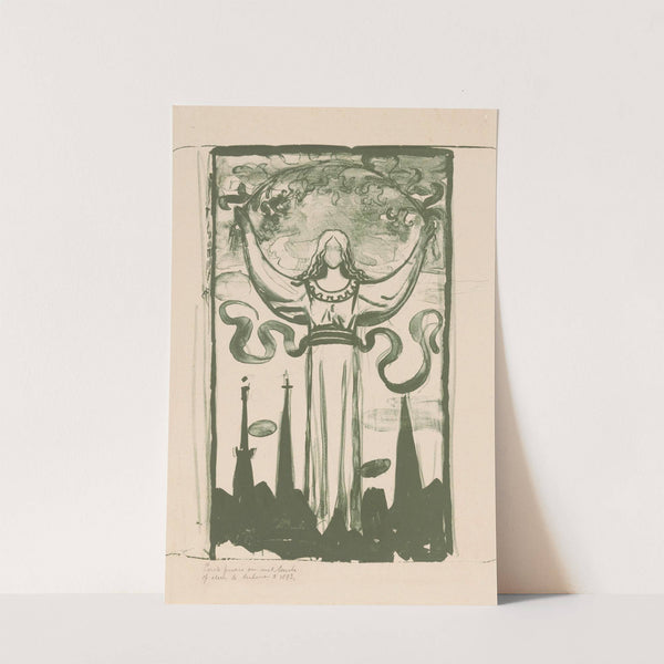 Vrouwenfiguur die een tak met bloemen boven haar hoofd houdt by Antoon Derkinderen