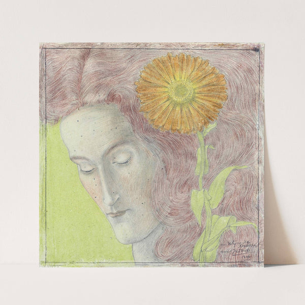 Vrouwenkop met rossig haar en Chrysant by Jan Toorop