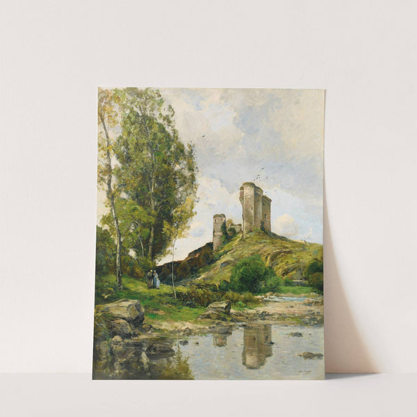 Vue de Hérisson avec deux paysannes et un enfant by Paul Lecomte