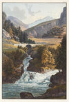 Vue de la cascade du Rhin et du torrent d’Avers dans le Roflen
