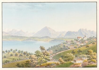 Vue dessiné depuis le Village de Sigriswil, audessus du Lac de Thoune