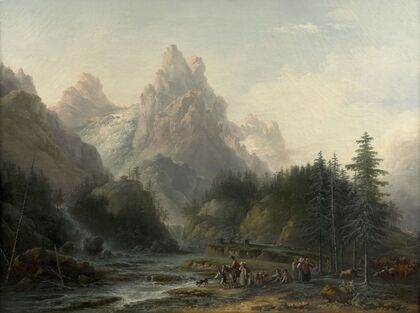 Vue du Wellhorn et du Wetterhorn prise de Rosenlaui vers Meiringen dans l’Oberland bernois (1783)