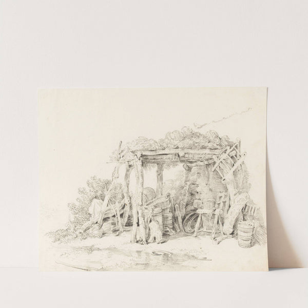 Vue d’un abri avec les outils d’une ferme by Sigmund Freudenberger