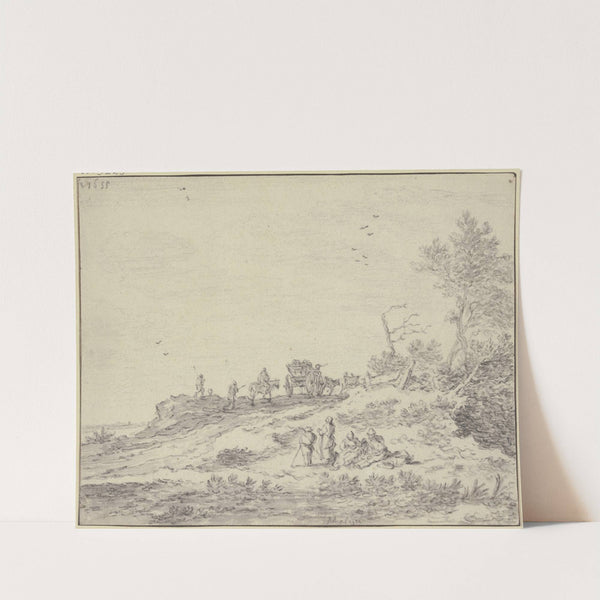 Wagen, Reiter und Fußgänger auf abschüssigem Terrain, im Vordergrund eine Gruppe ruhender Wanderer by Pieter de Molijn