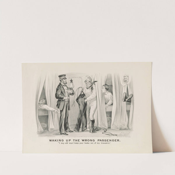 Waking up the wrong passenger; ‘I say old man! keep your hooks out of my trousers.’ (1875) by Currier & Ives.