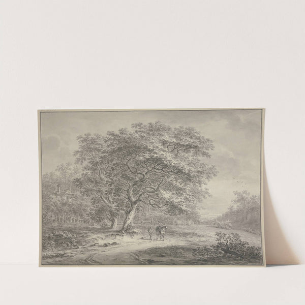 Waldesrand mit einem Zaun eingefasst, unter zwei großen Bäumen ein Reiter und ein Fußgänger by Jan Evert Grave