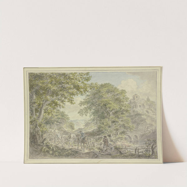 Waldige Landschaft, links ein Leiterwagen mit zwei Pferden by Hermanus van Brussel