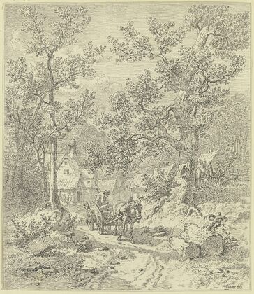 Waldinneres mit Bauer auf Fuhrwerk