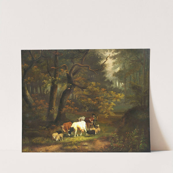 Waldinneres mit kleiner Kuh- und Schafherde by Cornelis Johannes de Vogel