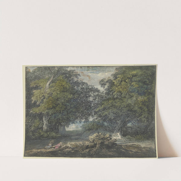 Waldlandschaft, ein Mann jagt einen weißen Hirschen, bei ihm sitzt eine Frau by Jacob van Liender