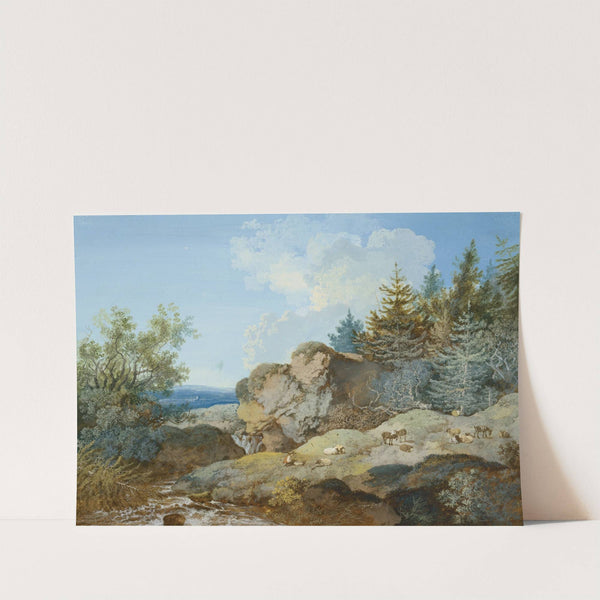 Waldlandschaft im Gebirge mit Herde und Gewässer by Johann Georg Wagner