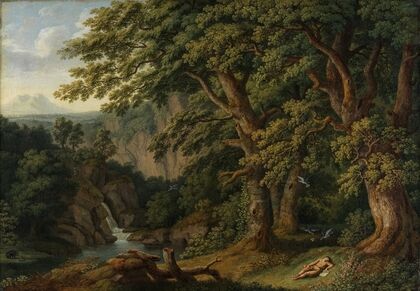 Waldlandschaft mit dem schlafenden, von Tauben behüteten Knaben Horaz