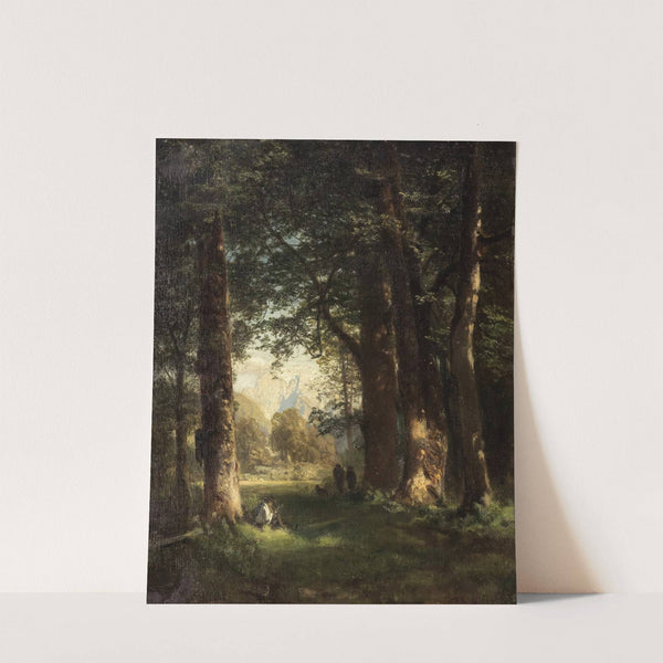 Waldlandschaft mit Figurenstaffage und Blick auf ein Gebirge (1867) by Robert Russ