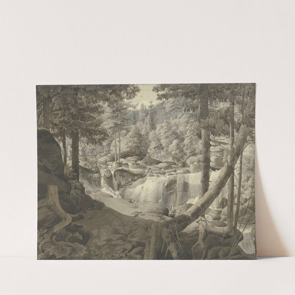 Waldlandschaft mit Wasserfall, im Hintergrund Pilger, über eine Brücke gehend by August Lucas