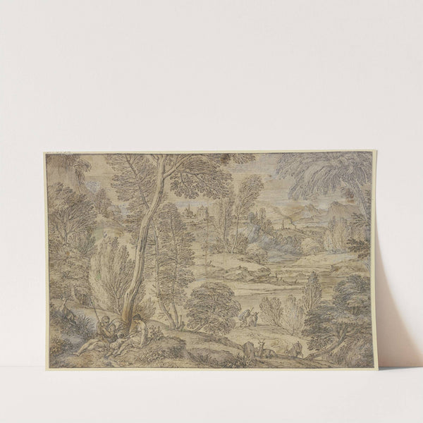 Waldlandschaft, vorne eine Hirtenfamilie mit einigen Ziegen by Adriaen van der Cabel
