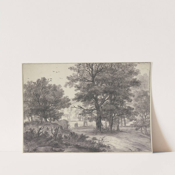 Waldpartie, auf dem Weg zwei Figuren, links oben mehrere Raben (1656) by Roelant Roghman