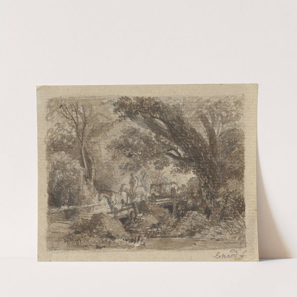 Waldpartie mit einer Brücke, über die drei Pferde und ein Reiter gehen by Johann Christoph Erhard