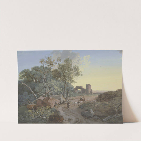 Waldpartie und Ruine mit einem Bogen an einem Weg mit Hirten und Vieh by Johann Georg Wagner