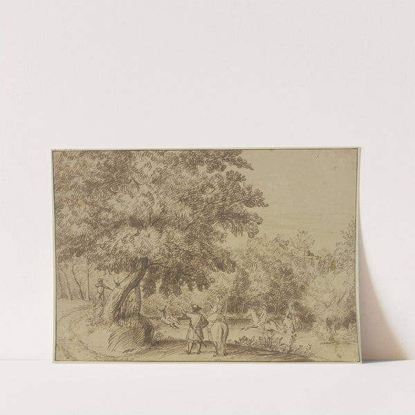 Waldpartie, zwei Reiter sprengen einen Hirsch durchs Wasser, eine Dame zu Pferde sieht zu by Jan Lievens