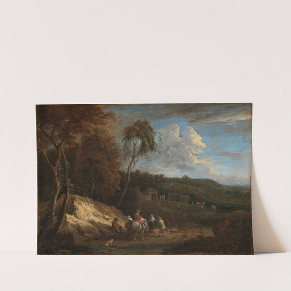 Waldrand mit Blick in eine Ebene und Staffage von Reisenden und Bauern by Cornelis Huysmans