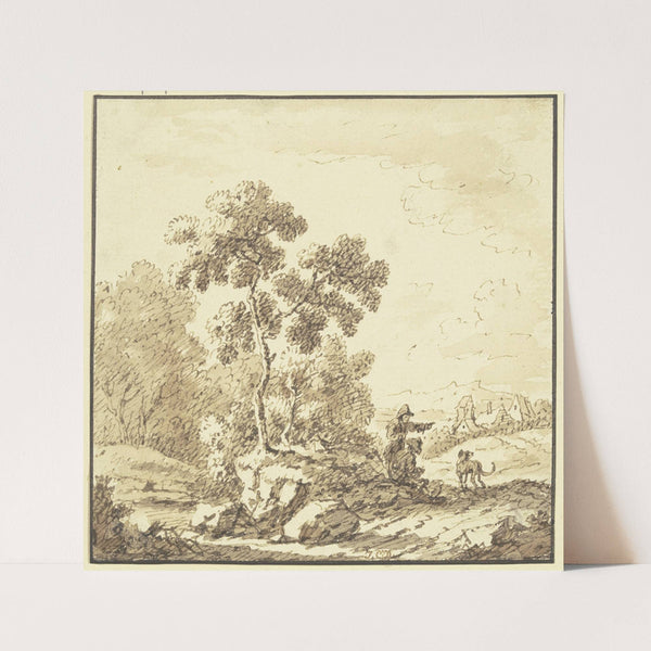Waldrand, rechts Ausblick auf ein Dorf, am Weg ein stehender und ein sitzender Mann mit einem Hund by Johann Christoph Dietzsch