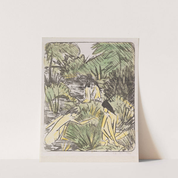 Waldsee mit drei badenden und einem sitzenden Mädchen 2 by Otto Mueller