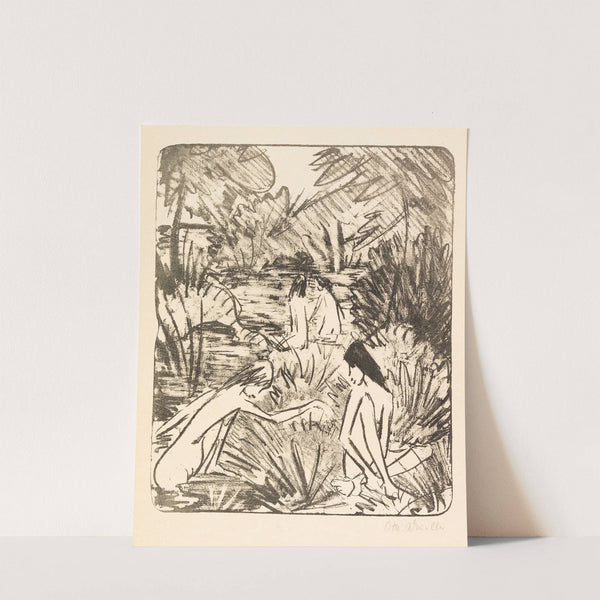 Waldsee mit drei badenden und einem sitzenden Mädchen 2 by Otto Mueller