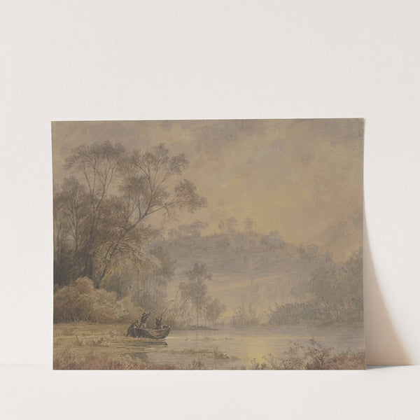 Waldsee, von dessen Ufer ein Kahn mit drei Männern ablegt by Johann Wilhelm Schirmer