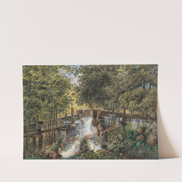 Waldstück mit einer hölzernen Bachruine by Gustav Barbarini