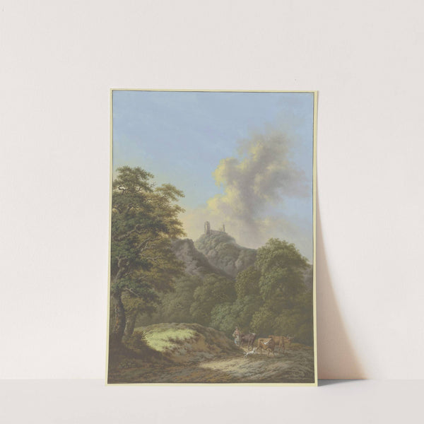 Waldtal mit Blick auf eine Burgruine, im Vordergrund eine Hirtin mit drei Rindern und einem Hund by Johann Albrecht Friedrich Rauscher