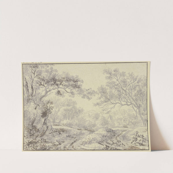 Waldweg, im Hintergrund ein Haus, vorne rechts zwei Rastende by Philippine Schütz