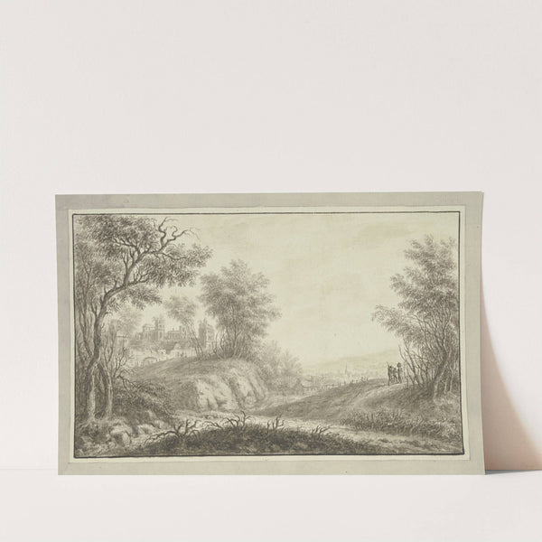 Waldweg, links Durchblick auf eine Schloßruine, rechts in der Ferne ein Städtchen by Johann Caspar Zehender