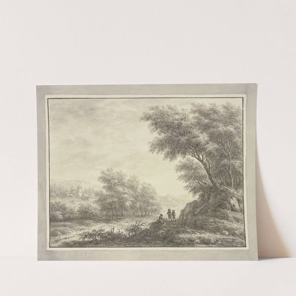 Waldweg mit drei Jägern, links Durchblick auf eine Schloßanlage by Johann Caspar Zehender