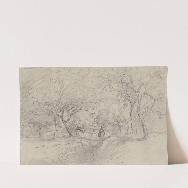 Waldweg mit Frau, Blick auf Kirchturm by Anton Burger