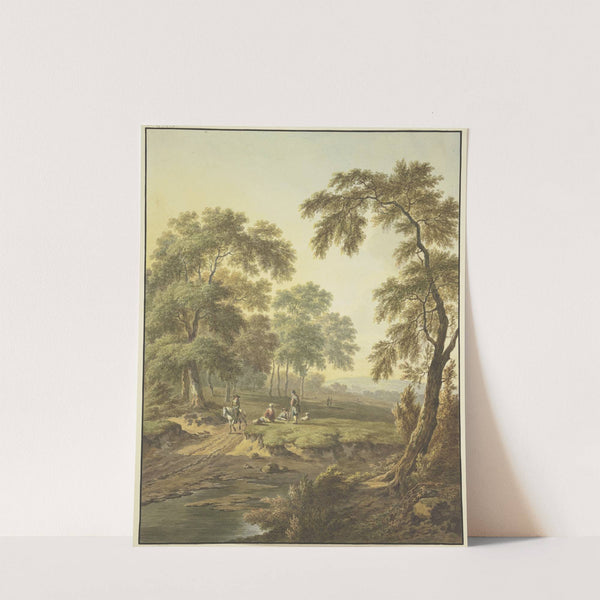 Waldwiese mit Wasser, auf dem Weg ein Reiter auf einem Schimmel, dabei einige ruhende Leute mit einem Hund by Abraham Teerlink