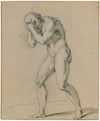 Walking nude man, covering his face